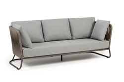 "Багамы" диван 3-местный плетеный из роупа, каркас алюминий бежево-серый (RAL7006) муар, роуп серо-коричневый 23мм, ткань светло-серая