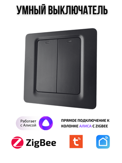 Умный выключатель Tuya ZigBeе для Алисы двухклавишный черный