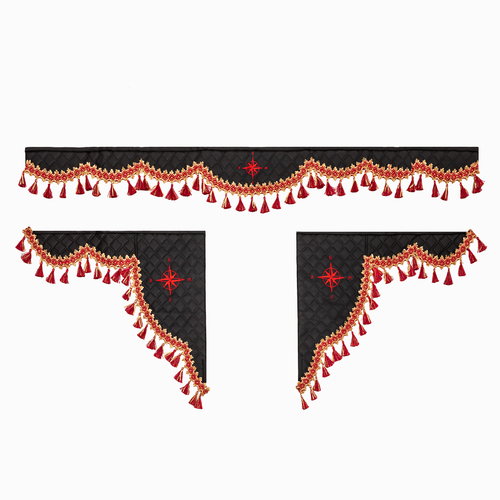 Ламбрекен 1,8м с косынками универсальные стеганые Роза Ветров (экокожа, черный, красные кисточки)