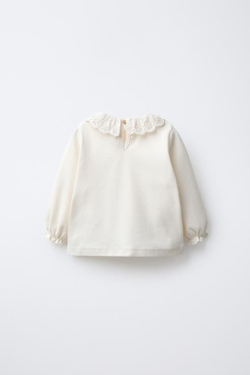 ZARA ТЕПЛЫЙ ЛОНГСЛИВ С ВЫШИТЫМ ВОРОТНИКОМ, ЭКРЮ