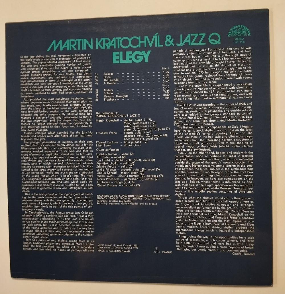 Винтажная виниловая пластинка LP Martin Kratochvil and Jazz Q Elegy (Чехословакия 1981)