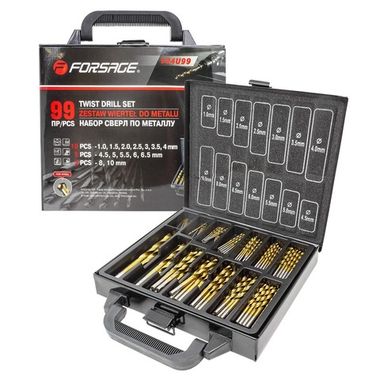 Набор сверл по металлу HSS, 99пр.(1,1.5,2,2.5,3,3.5,4мм по 10шт, 4.5,5,5.5,6,6.5мм по 5шт, 8,10мм по 2шт),в кейсе Forsage F-924U99
