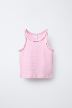 ZARA ТОП В РУБЧИК СО СТРАЗАМИ, РОЗОВЫЙ