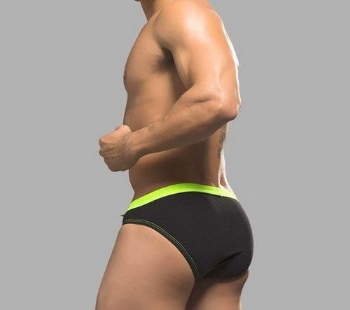 Мужские трусы брифы черные с тонкой зеленой резинкой Andrew Christian  AC9786