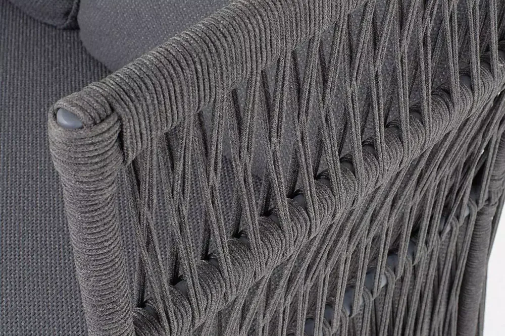 "Лугано" диван 3-местный плетеный из роупа, каркас алюминий темно-серый (RAL7024) муар, роуп темно-серый круглый, ткань темно-серая YB25-0027