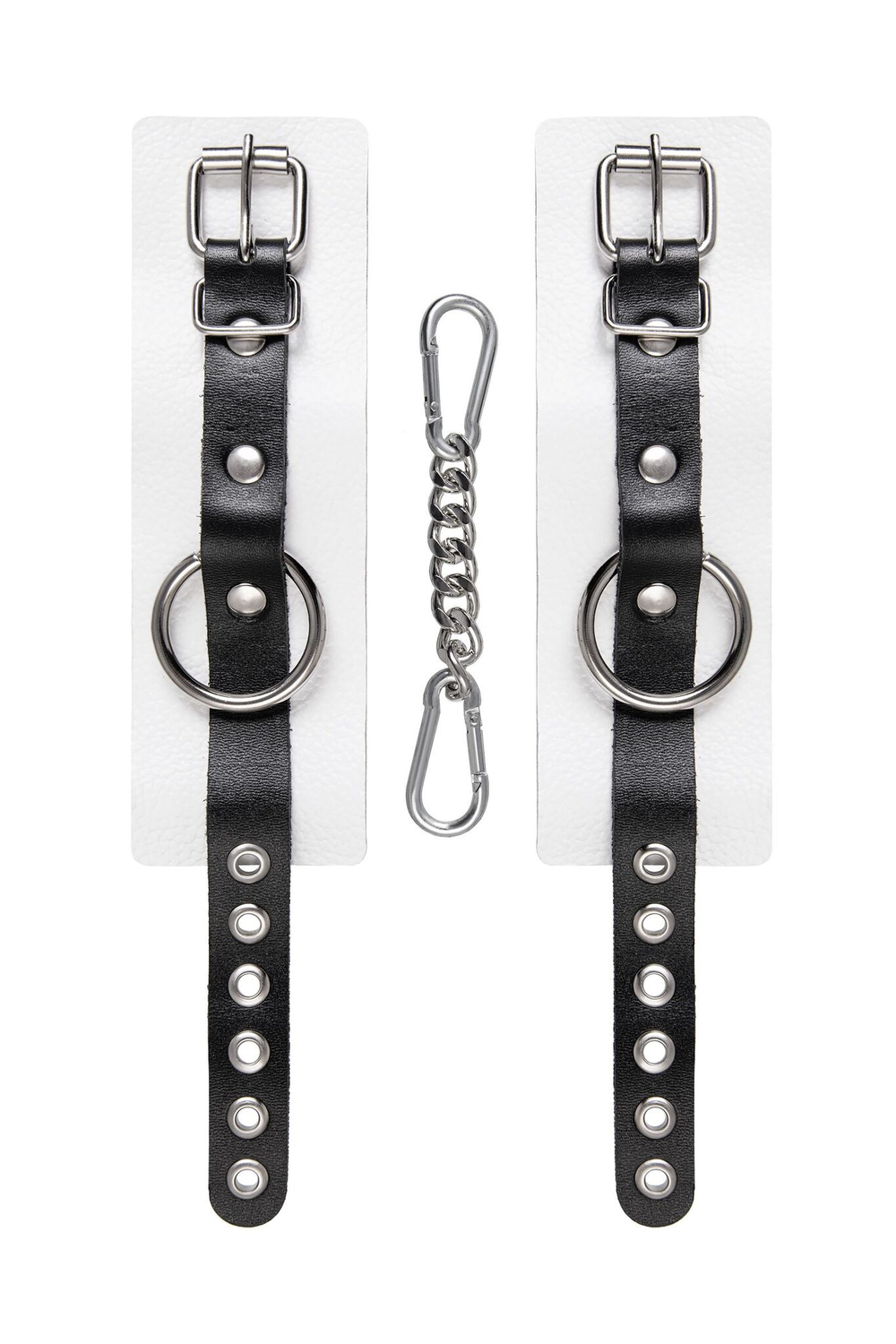 Бело-черные кожаные наручники с одним ремешком с люверсами