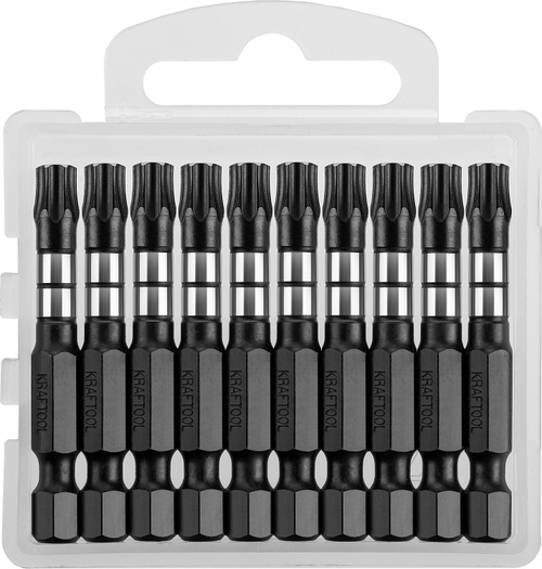 Биты KRAFTOOL Impact Pro, TORX, тип хвостовика E 1/4″, TX30, 50мм, 10шт, в пластиковом боксе