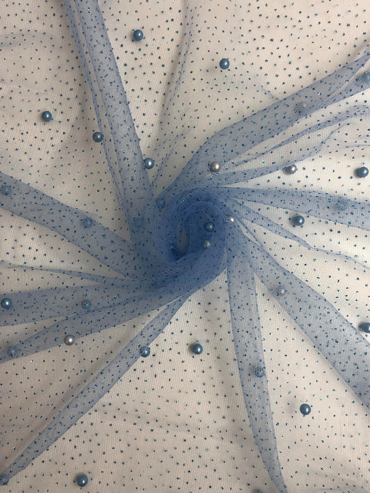 Сетка с бусами голубой св, бусы голубые, глиттер голубой С9