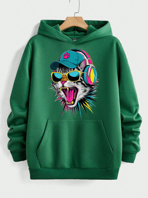 Толстовка худи "Кот в наушниках" зеленая