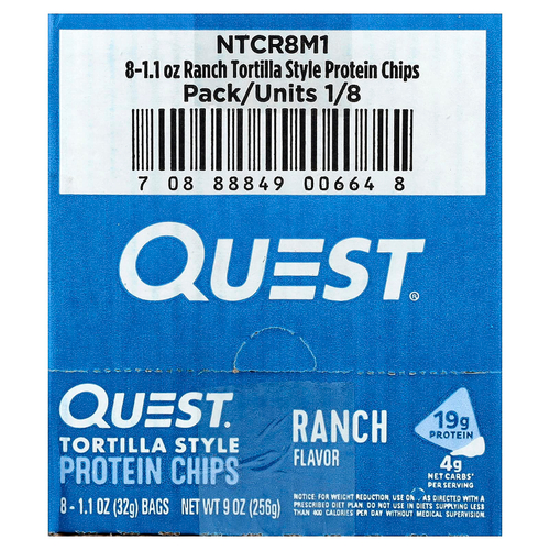 Quest Nutrition, Протеиновые чипсы по-тортильи, ранчо, 8 пакетиков по 32 г (1,1 унции)