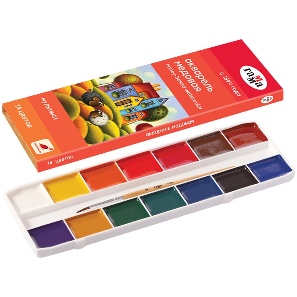 Краски акварельные 14цв. Гамма Мультики, медовые, с кистью, картонная коробка