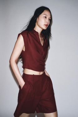 ZARA ТОП НА ЗАПÁХ ИЗ ЛЬНА, ГРАНАТОВЫЙ