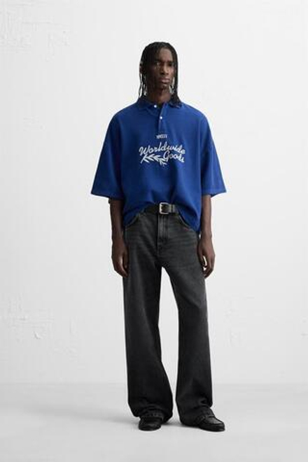 ZARA ПОЛО С ВЫШИТЫМ ТЕКСТОМ, СИНИЙ