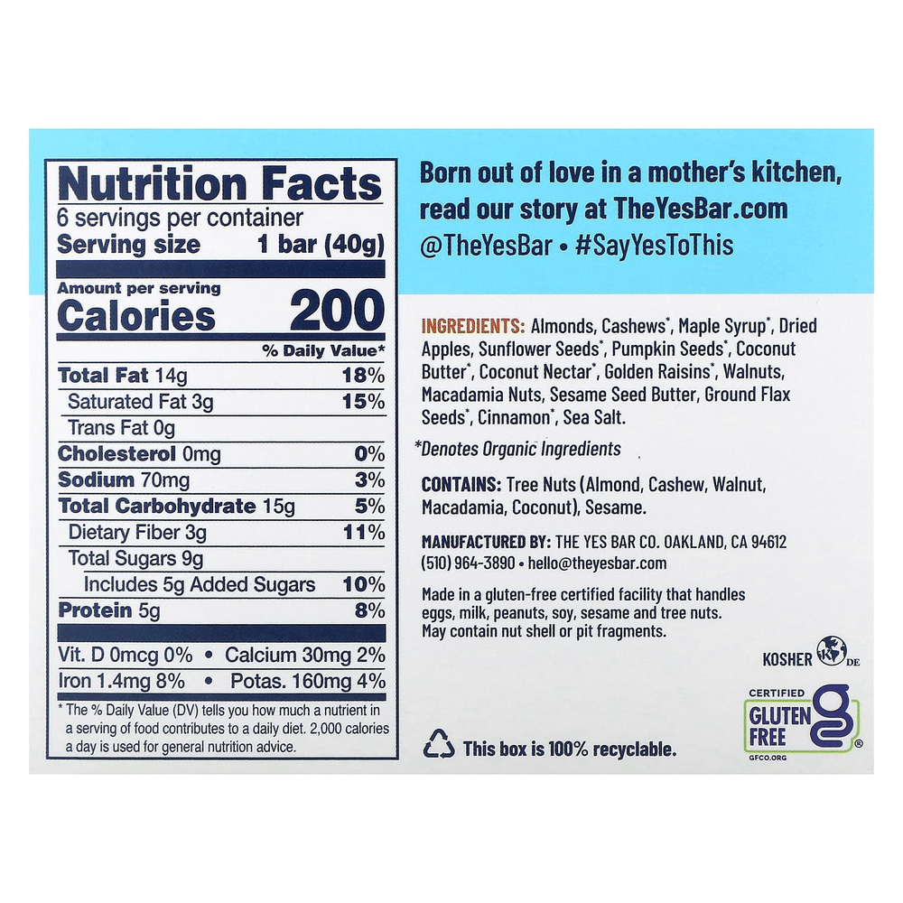 Yes Bar, Snack Bar, хрустящий с яблоком и корицей, 6 батончиков по 40 г (1,4 унции)