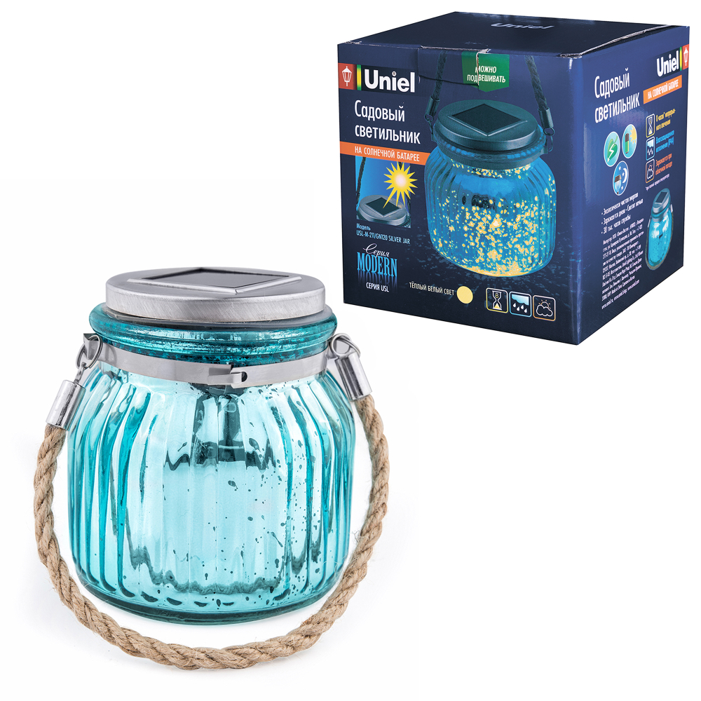 USL-M-210/GN120 BLUE JAR Садовый светильник на солнечной батарее. Теплый белый свет. 1*АА Ni-Mh аккумулятор в/к. IP44. TM Uniel.