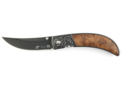 Фото мужской стильный компактный недорогой тёмный стальной складной нож 165 мм с металлической с деревом рукояткой Stinger FK-S054B