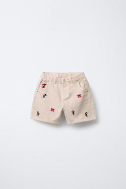 ZARA ДЖИНСОВЫЕ ШОРТЫ С ВЫШИВКОЙ «MICKEY MOUSE © DISNEY, СЛОНОВАЯ КОСТЬ