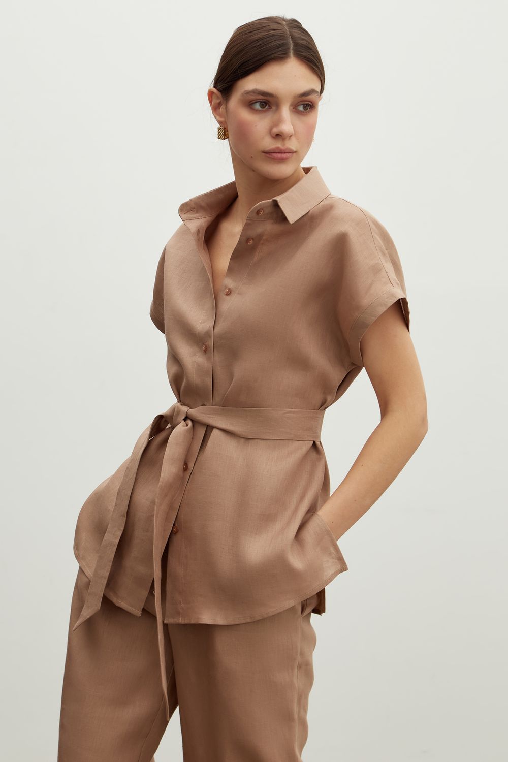 Комплект из льна мокко: Рубашка Марсель с поясом + Брюки Палаццо на резинке