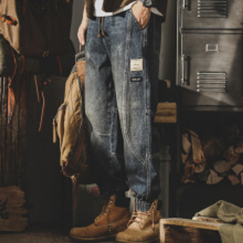 Мужские комбинезоны в американском стиле, весенне-осенние свободные джинсы больших размеров, мужские осенние повседневные брюки с широкими штанинами и завязками на щиколотке