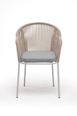 "Лион" стул плетеный из роупа, каркас из стали светло-серый (RAL7035) муар, роуп бежевый круглый, ткань светло-серая