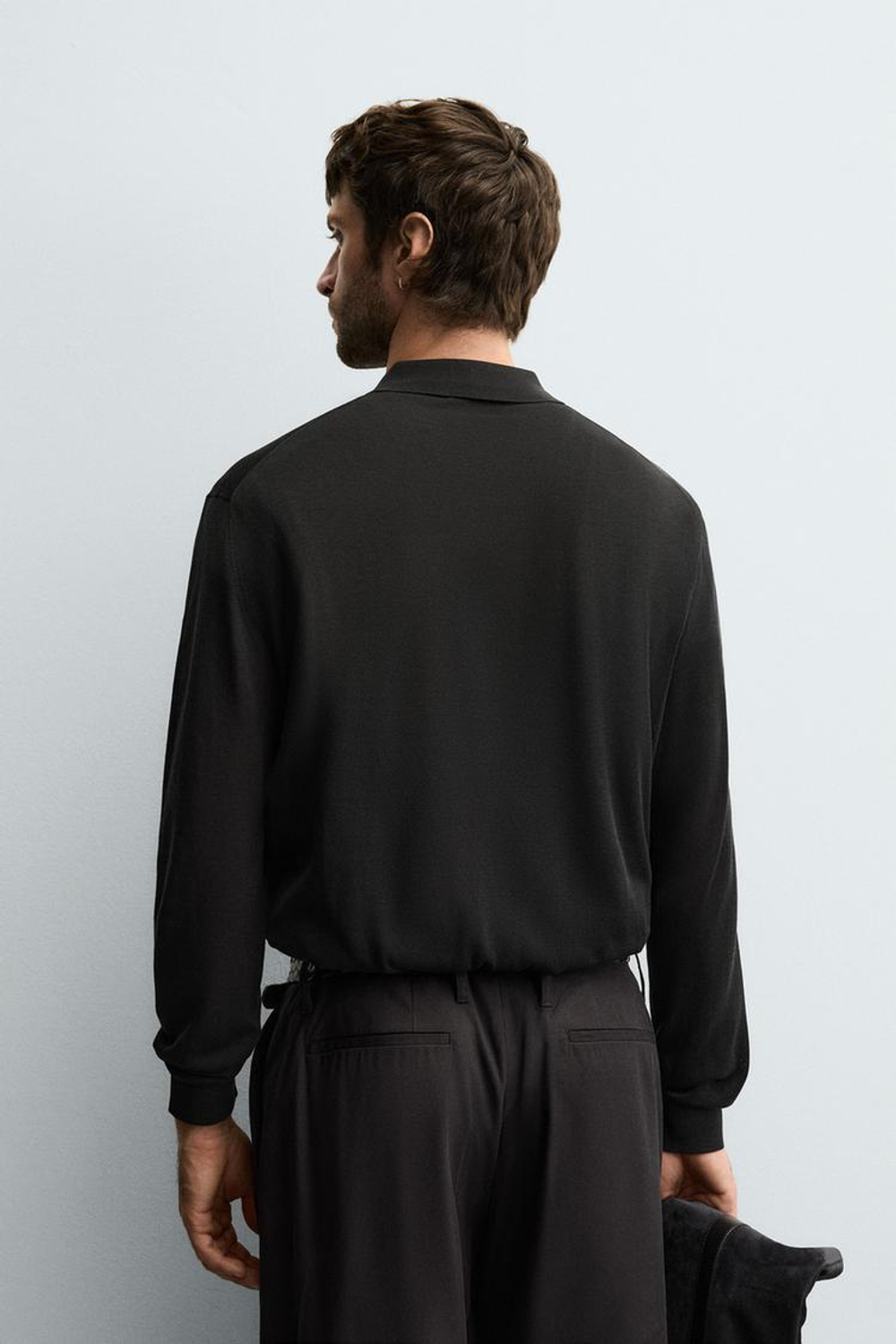 ZARA ПОЛО ИЗ ХЛОПКА И ШЕЛКА, ЧЕРНЫЙ