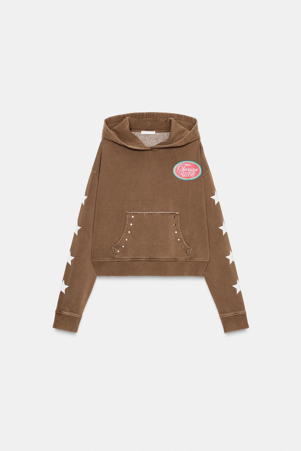 ZARA ТОЛСТОВКА С КАПЮШОНОМ И ТЕКСТОВЫМ ПРИНТОМ, КОРИЧНЕВЫЙ