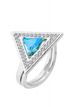 Кольцо сборное из серебра со вставками из выращенной голубой шпинели и бесцветных фианитов