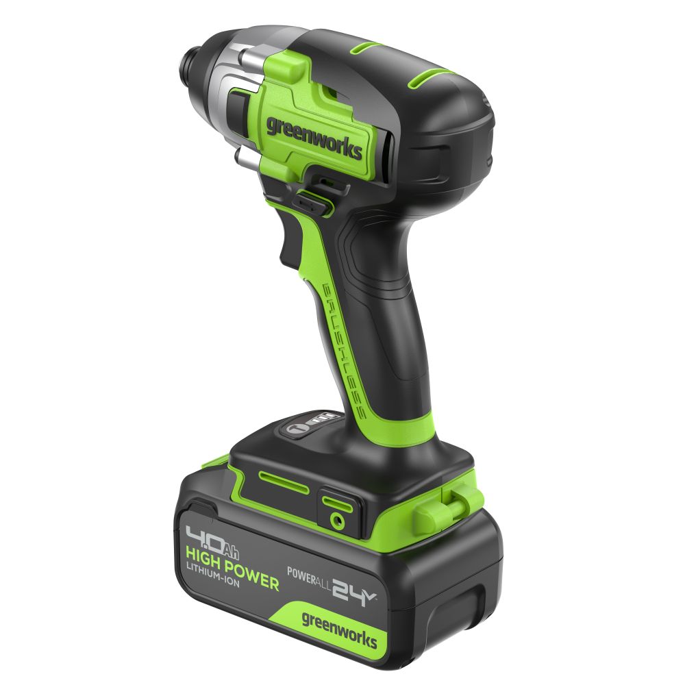 Винтоверт ударный акк. Greenworks GD24ID3, 24V, б/щет, 0-2800об/мин, 4000уд/мин, HEX 1/4, 300Нм, 3 режима,1x4Ач,ЗУ,кор (3802807CUB)