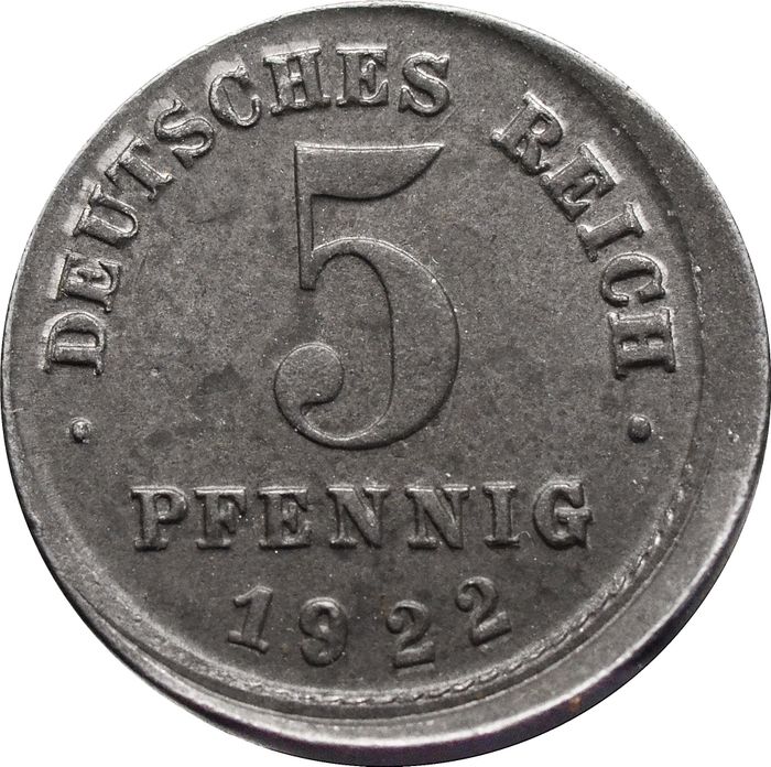 5 пфеннигов 1922 Германия (Брак: смещение)