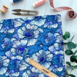 Ткань премиум интерлок бело-голубой цветник