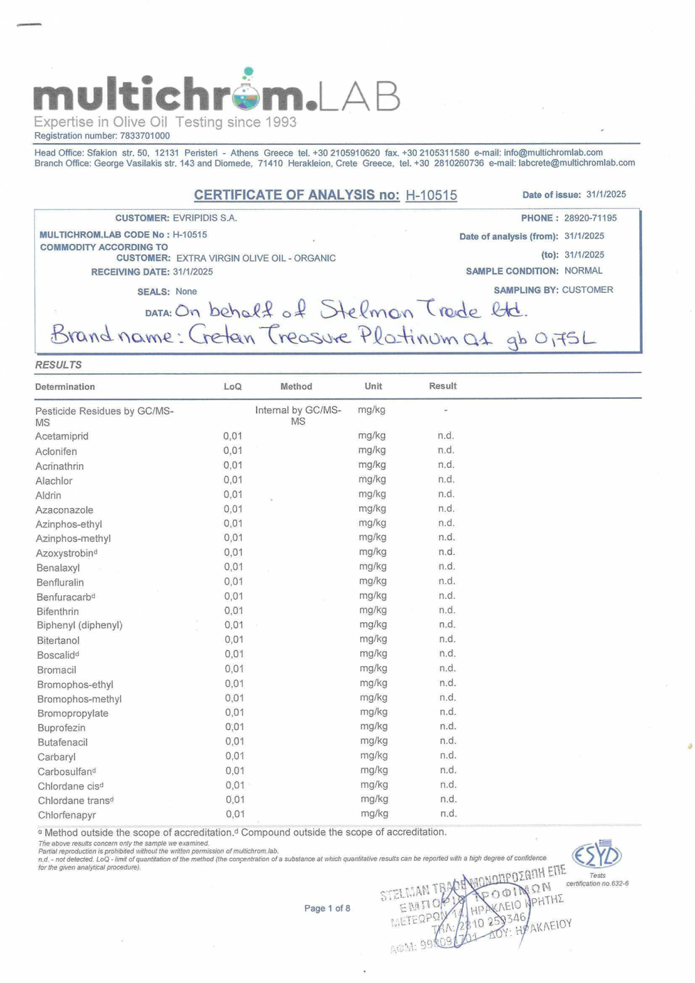 Масло органическое оливковое нерафинированное Extra Virgin Cretan Treasure Platinum organic, стекло, 750 мл