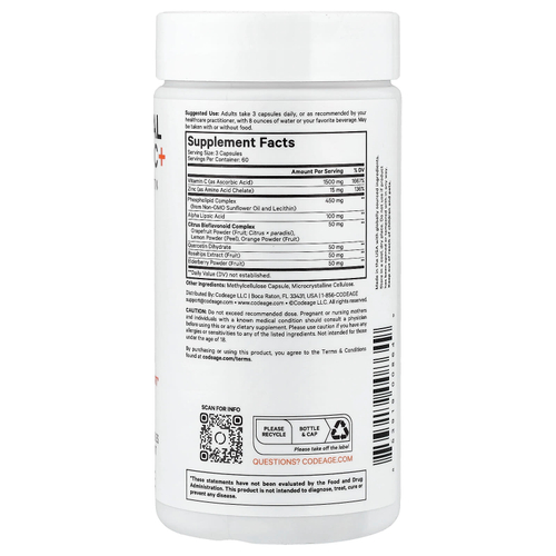 Codeage, липосомальный витамин C+, 180 растительных капсул