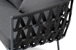 "Диего" диван 2-местный плетеный из роупа, каркас алюминий темно-серый (RAL7024) муар, роуп темно-серый круглый, ткань темно-серая 027