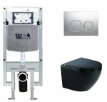 Унитаз подвесной WeltWasser AMBERG 497 ST+MERZBACH 041 XL MT-BL+AMBERG RD-MT CR черный матовый, безободковый, с крышкой микролифт, слив-торнадо, с инсталляцией и кнопкой хром матовый