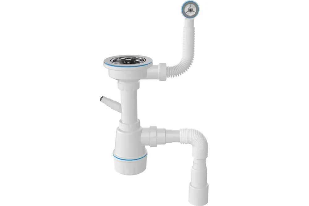 Сифон для мойки КМ1Р с выпуском 3 1/2 с круглым переливом с нерж. чашкой, б/отвода в канал(Sim Gran)