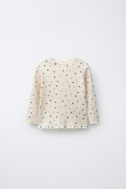 ZARA ФУТБОЛКА С ЦВЕТОЧНЫМ РЕЛЬЕФОМ, ЭКРЮ/СИНИЙ