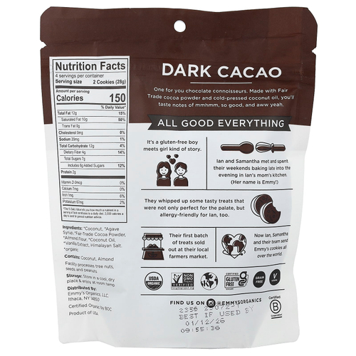 Emmy's Organic Cookies, мягкое жевательное печенье с кокосом, темное какао, 113 г (4 унции)