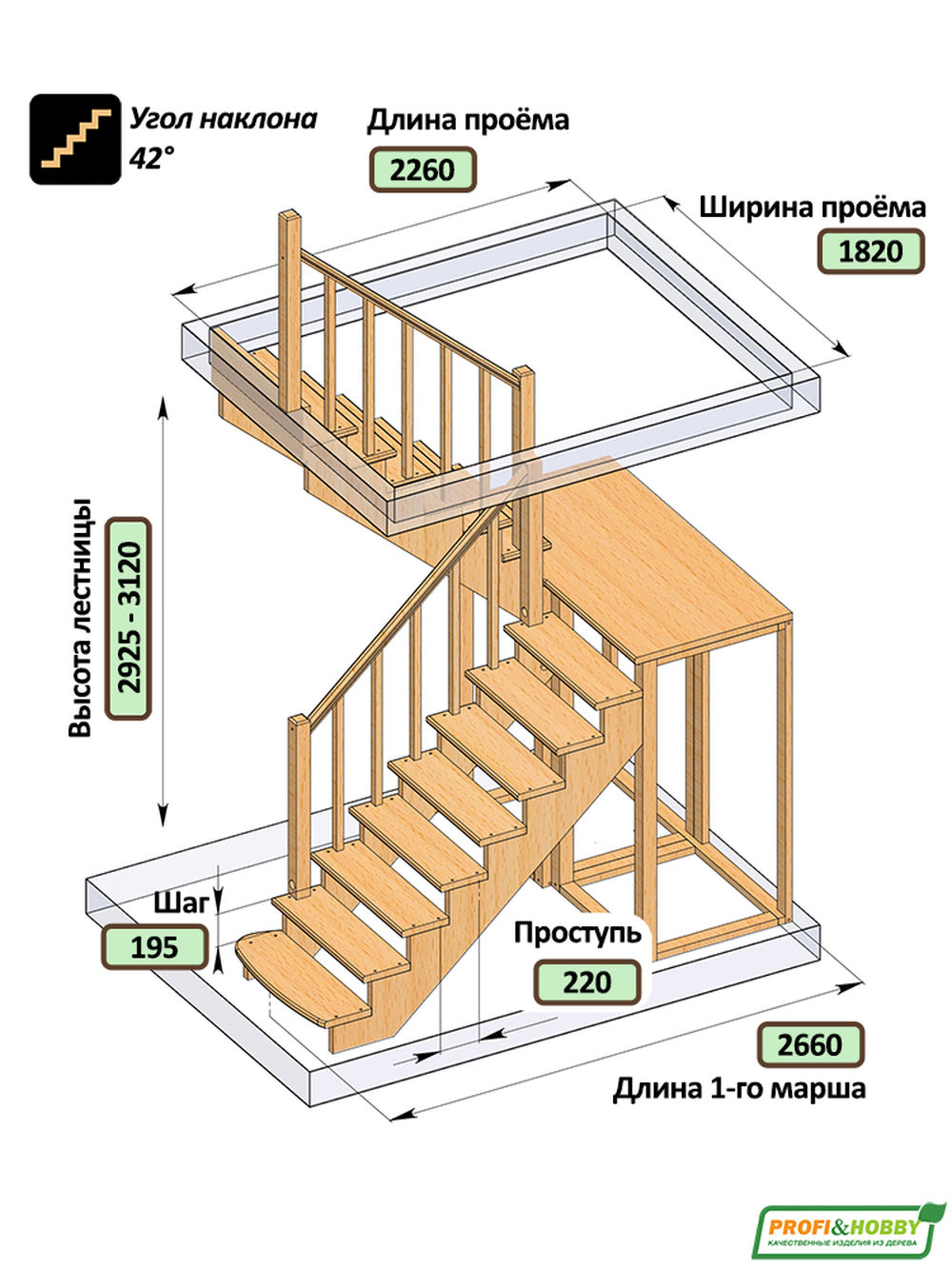 Лестница на второй этаж К-004м/2 Левая с подступенками под покраску