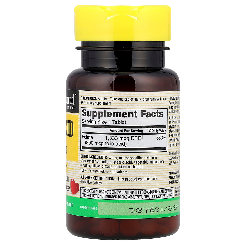 Mason Natural, фолиевая кислота, 800 мкг, 100 таблеток