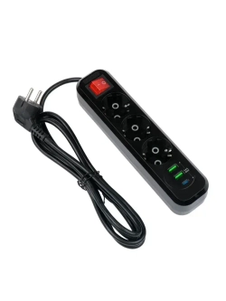 Сетевой фильтр Гарнизон с базовой защитой с заземлением с выключателем 3 розетки, 10A, 1xType-C, 2xUSB, 2 метра, черный