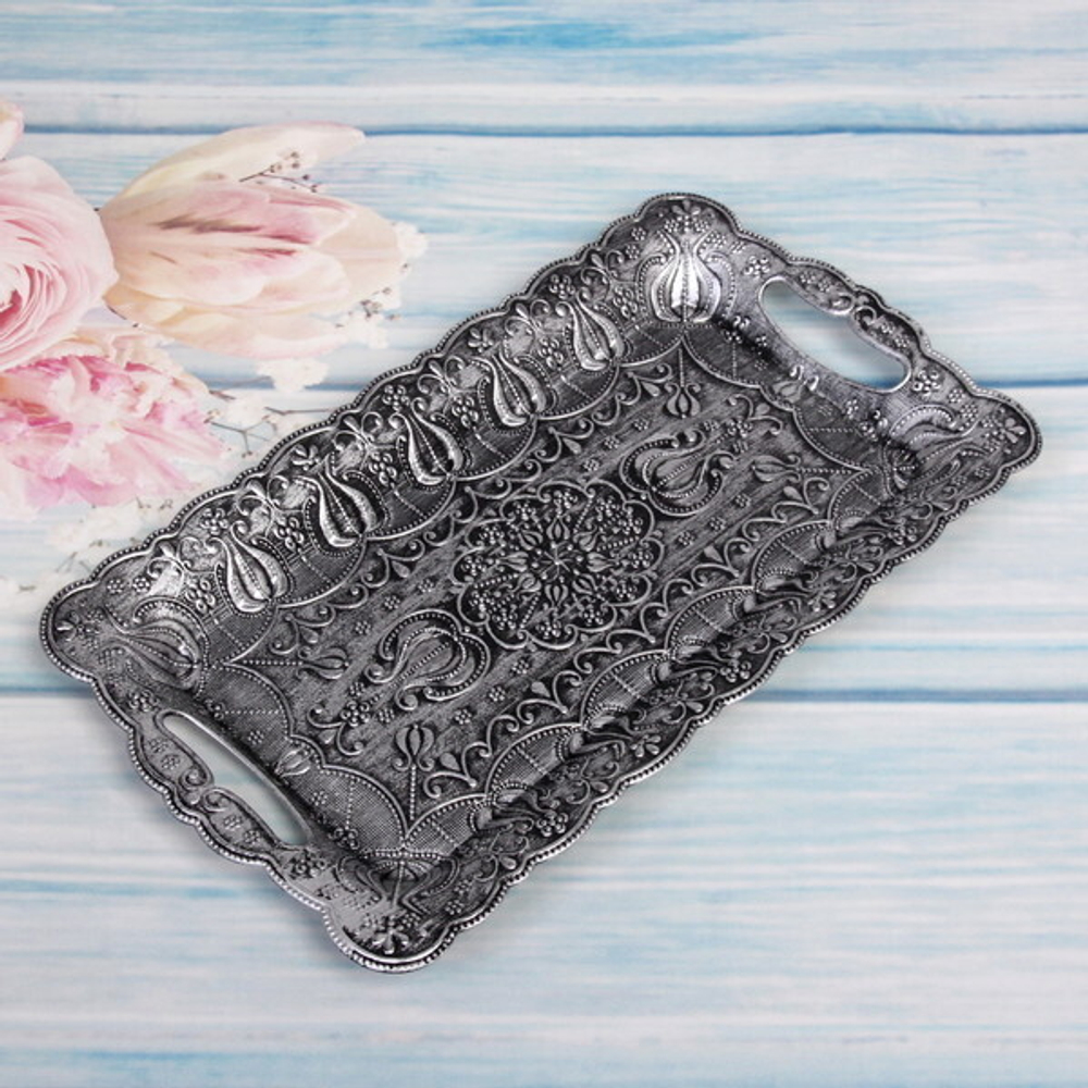 Поднос пластиковый «Античность» 37,5*21см серебро