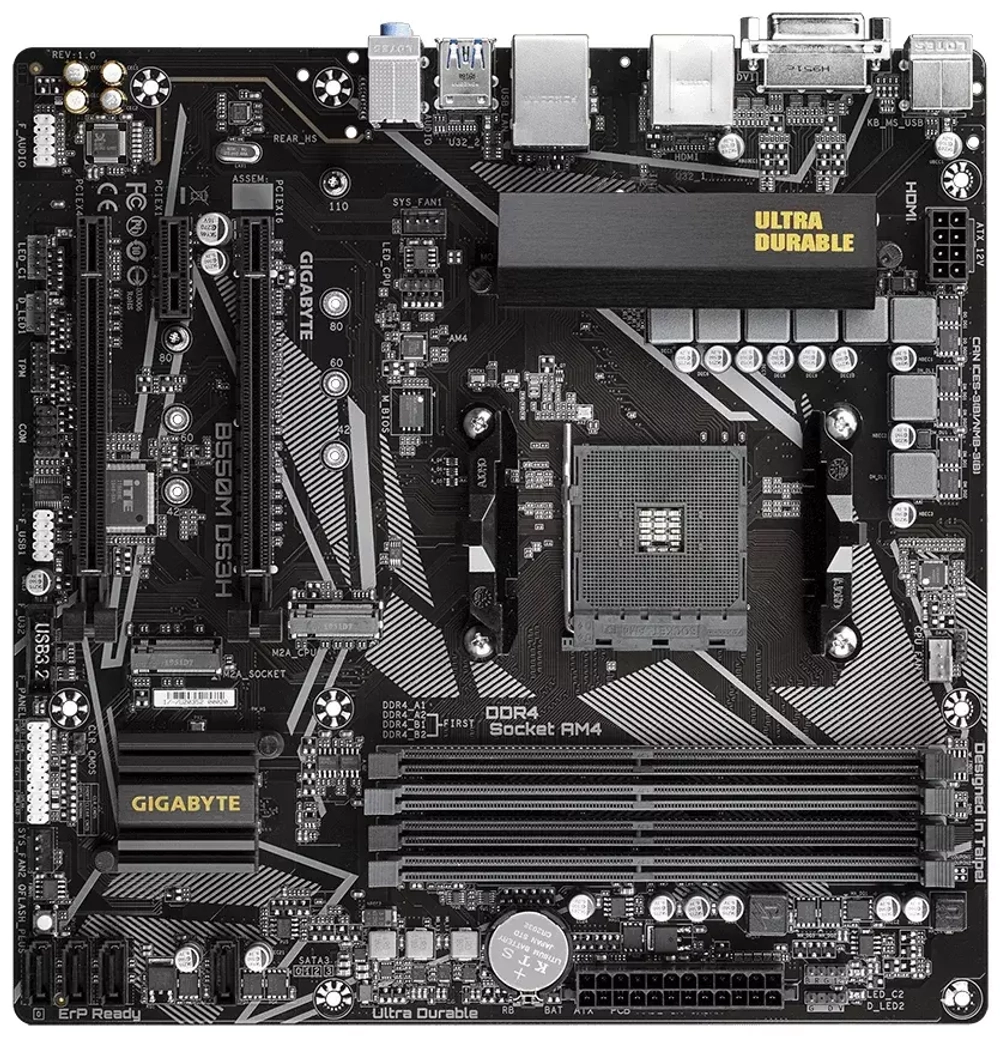 Материнская плата Gigabyte B550M DS3H (Socket AM4, AMD B550, 4xDDR4, PCI-E 4.0, 4xUSB 3.2 Gen1, DVI, HDMI, mATX)