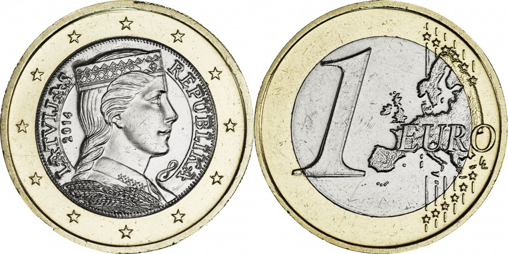 Латвия 1 евро, 2014-2022 Латышская девушка XF