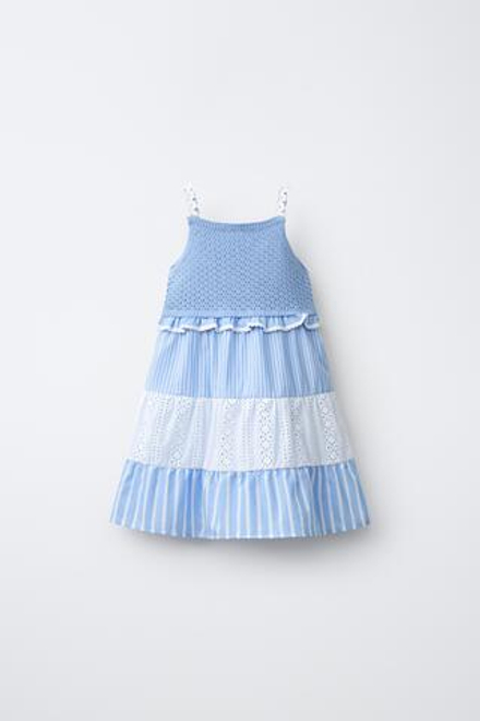 ZARA ТРИКОТАЖНОЕ ПЛАТЬЕ В ПОЛОСКУ С АЖУРНОЙ ВЫШИВКОЙ, СИНИЙ/БЕЛЫЙ