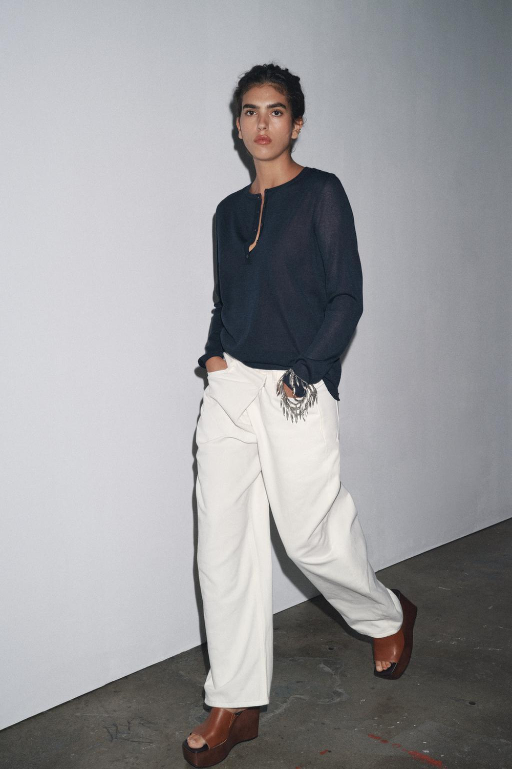 ZARA ОДНОТОННЫЙ ТРИКОТАЖНЫЙ ДЖЕМПЕР, МОРСКОЙ СИНИЙ