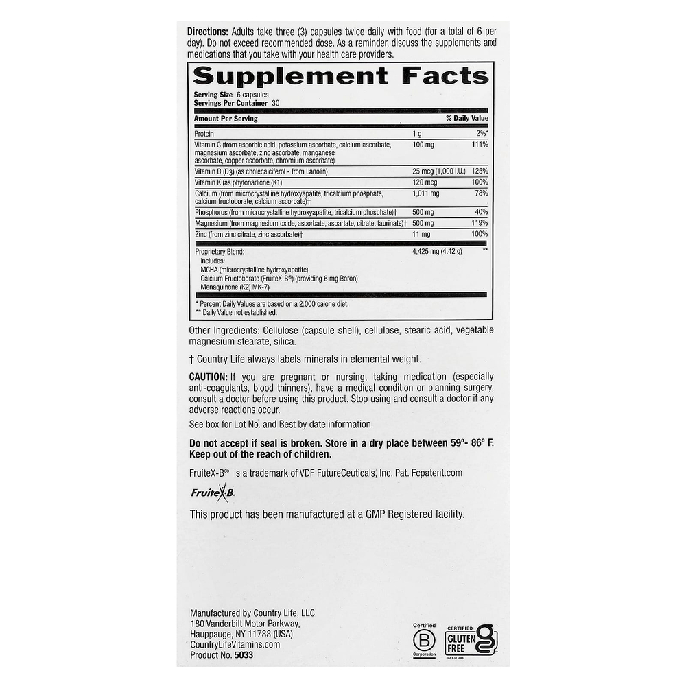 Country Life, Triple Action Bone Solid®, 180 капсул