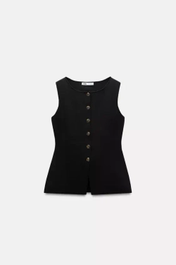 ZARA ОДНОТОННЫЙ ТРИКОТАЖНЫЙ ЖИЛЕТ С ЗОЛОТИСТЫМИ ПУГОВИЦАМИ, ЧЕРНЫЙ