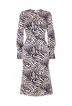 Платье шёлковое, юбка-годе бежевое с черным рисунком 04-06-22 SS