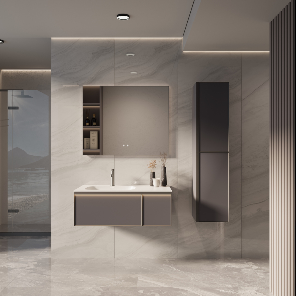 Тумба под раковину Vincea Elise 1000 подвесная, левая, 2 выкатных ящика soft close, серый матовый