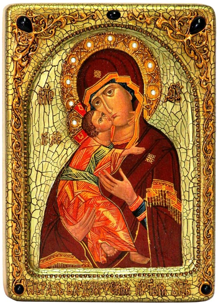 Инкрустированная живописная икона Образ Божией Матери Владимирской 29х21см на натуральном кипарисе в подарочной коробке